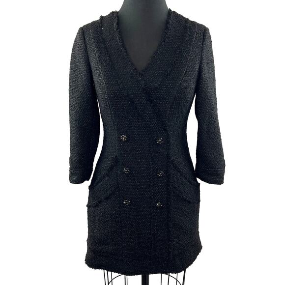 ZARA Black Tweed Blazer Dress V-Neck Double Breasted Pocket Sz S Small BLOGGER - Picture 1 of 10